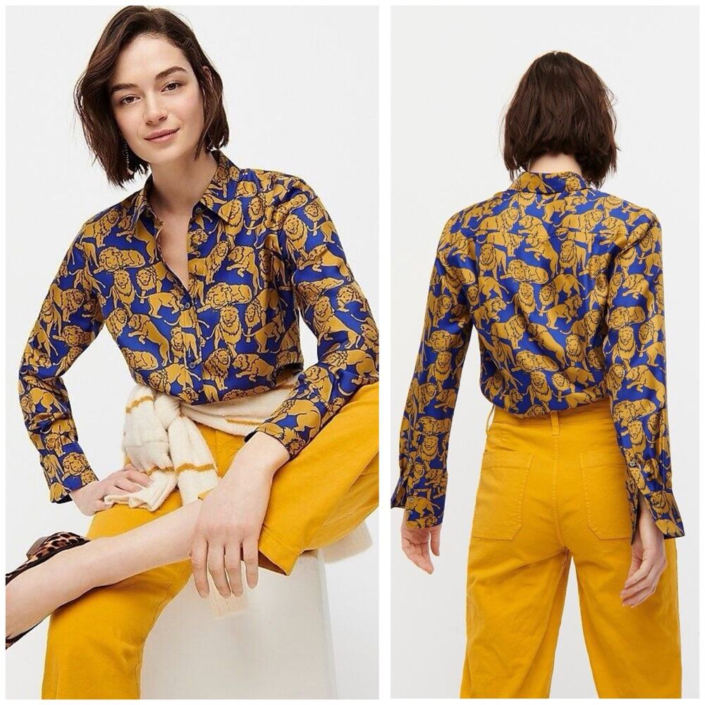 J. Crew Collection Silk Twill Button-up Shirt In Sleepy Lions Print Size 8 Chic